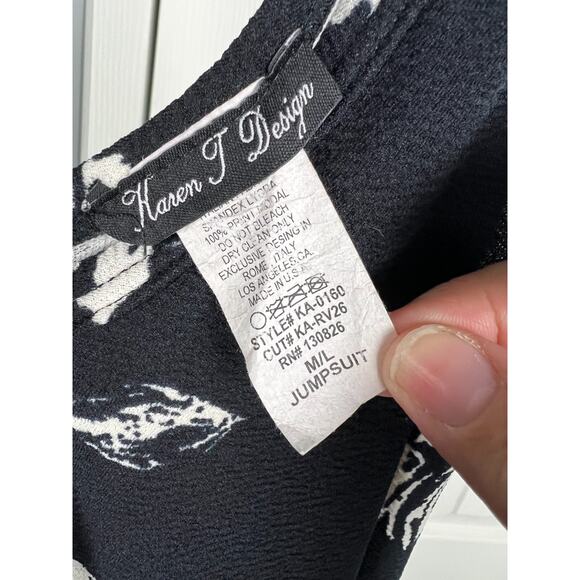 Jumpsuit M/L Boho Lagenlook Baggy Harem Adjustable Spaghetti Strap Black Floral - Picture 2 of 8